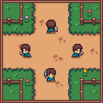 Pixel art animation of a character with brown hair and blue shirt holding a sword, shown facing four directions on a path