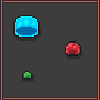 Pixel art of three slimes: large blue, medium red, and small green, on a dark background with a brown border.