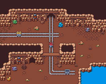 Pixel art cave scene with minecart tracks, carts, colored crystals, lanterns, and a pool of water in the bottom right corner.