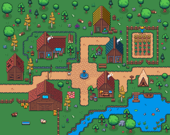 Pixel art village with houses, a central fountain, farm plots, animals, trees, and a pond in a fantasy setting.