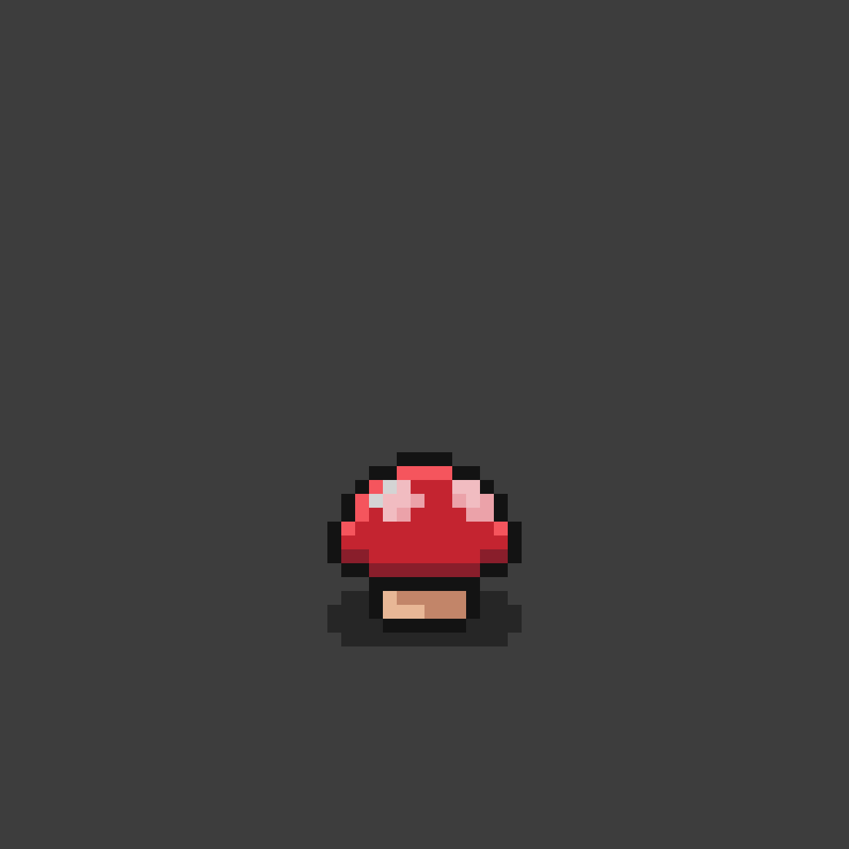 Pixel art animation of a red mushroom with a beige stem exploding into colorful particles on a dark background.
