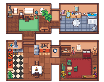 Pixel art of a cozy house interior with kitchen, dining area, living room, bedroom, and bathroom, each with detailed furniture.
