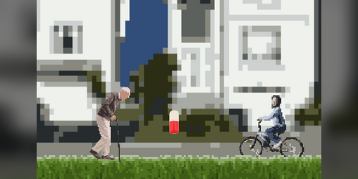 Cover image for An old man trying to pick up pills, but this kid is riding a bicycle.