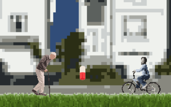 Cover image for An old man trying to pick up pills, but this kid is riding a bicycle.