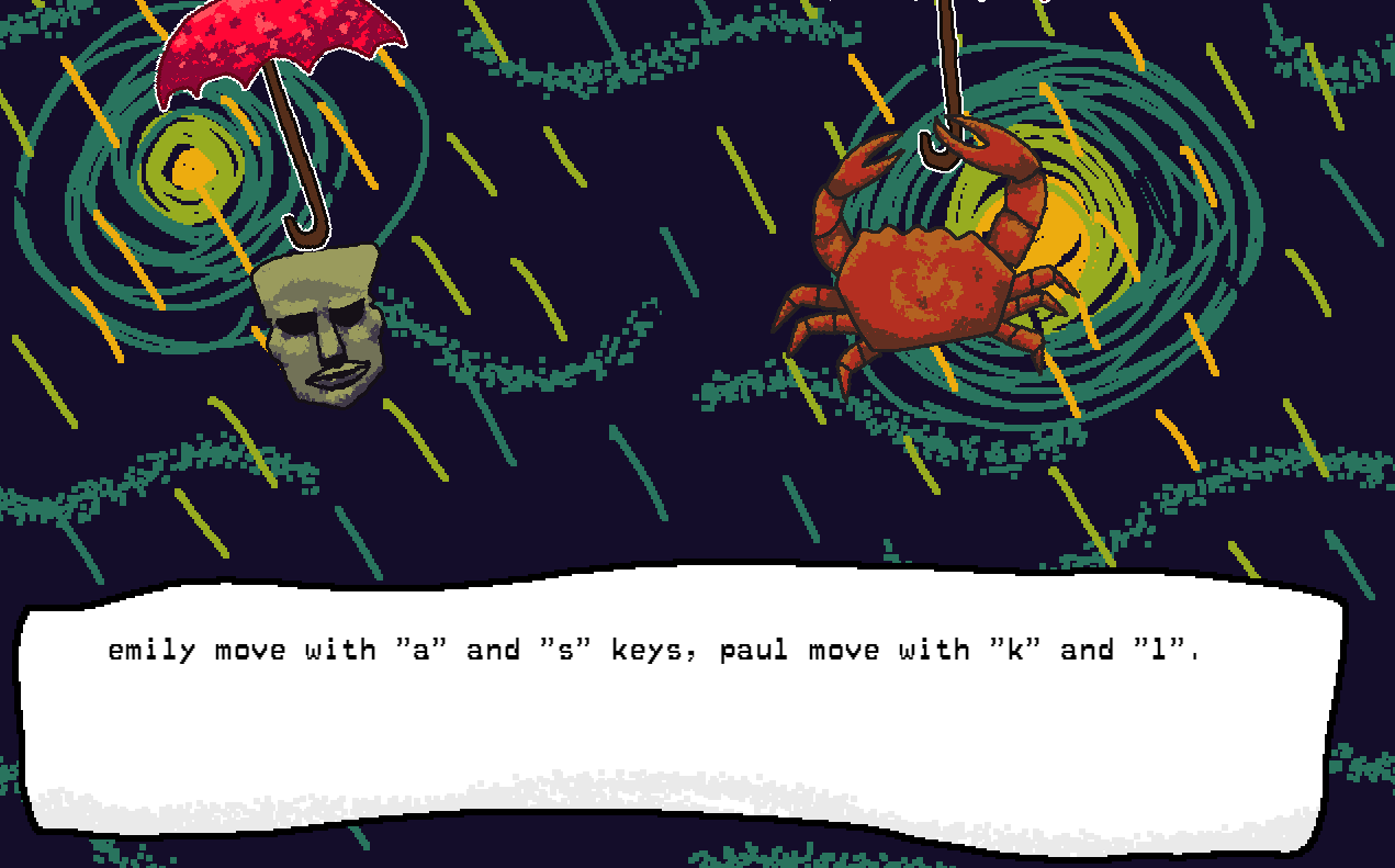 A screenshot of the It's a Date Then game featuring a cartoon Moai head and a crab, both holding umbrellas. This image contains the following text: 'emily move with a and s keys. paul move with k and l.'
