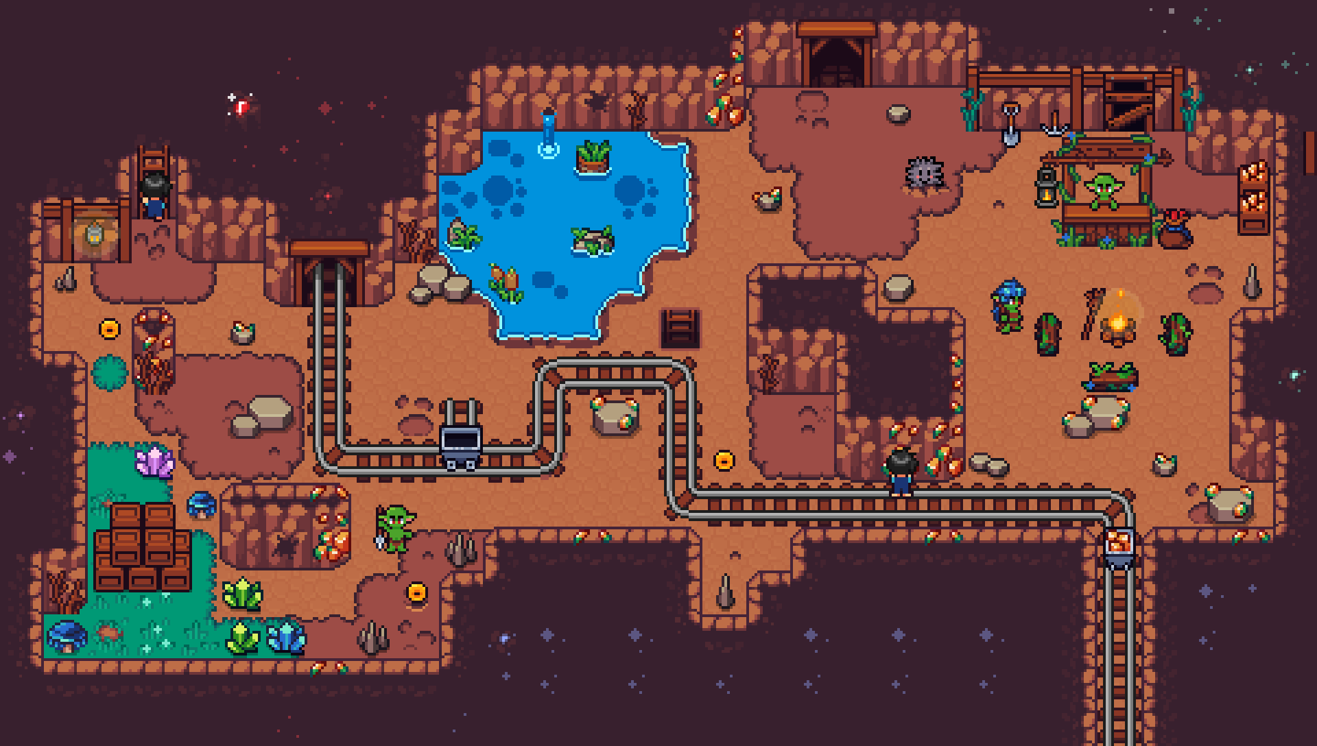 Pixel art mine scene with tracks, mine carts, a pond, crystals, goblins, and various characters and objects.