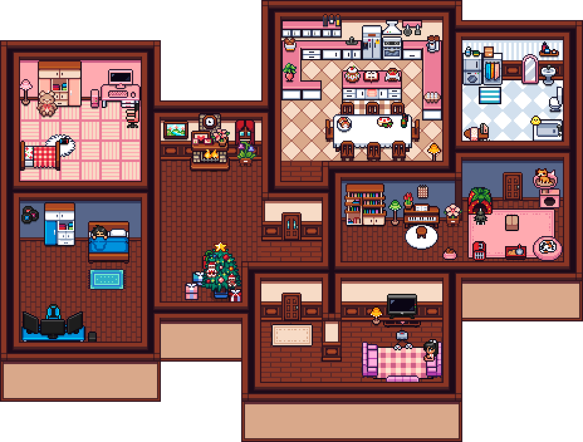 Pixel art house interior with multiple rooms, including bedrooms, kitchen, bathroom, living room, and a decorated Christmas tree.