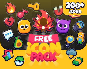 Colorful cartoon-style icons including faces, symbols, and objects with text reading 'FREE ICON PACK 200+ icons'.