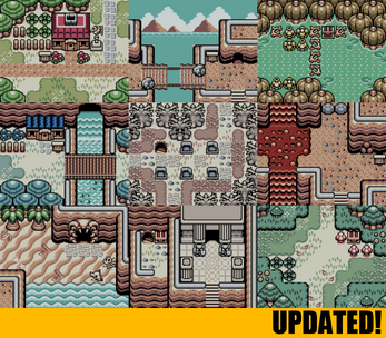 Grid of pixel art overworld scenes from a retro-style game, with forests, rivers, temples, and a yellow 'UPDATED!' banner.