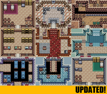 Grid of nine retro pixel art dungeon and room screenshots with various themes, including lava, ice, and water areas.