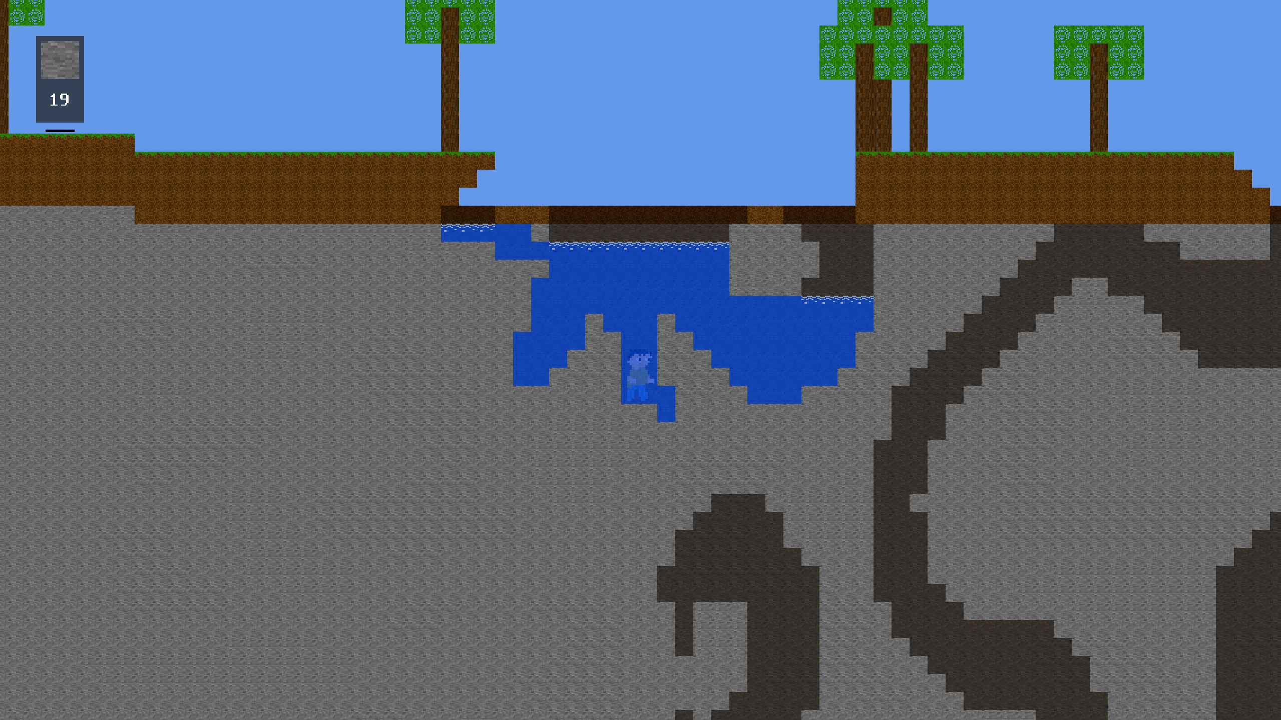 Player is standing at the bottom of a lake residing in a crater on the world's surface. Some trees also visible nearby. Few caves visible far away.