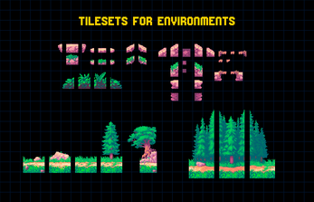 TILESETS FOR ENVIRONMENTS Pixel art tilesets for environments, including ground, rocks, and various trees on a grid background.