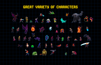 GREAT VARIETY OF CHARACTERS Grid of pixel art characters including humans, monsters, robots, and animals under yellow text: GREAT VARIETY OF CHARACTERS.