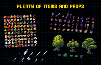 PLENTY OF ITEMS AND PROPS Pixel art grid with various food items, weapons, potions, scrolls, trees, and props on a dark background.