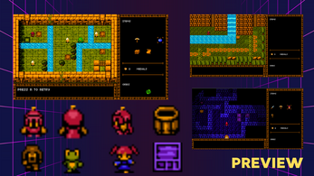 Pixel art game preview with three gameplay screenshots, character sprites, a barrel, and the word 'PREVIEW' in yellow text.