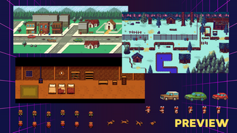 Pixel art game asset preview with town, snowy area, interior room, cars, character sprites, and the word PREVIEW.