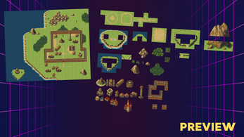 Pixel art tileset with various overworld map elements, including terrain, buildings, and structures on a grid background.