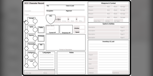 Cover image for DCC No Frills Character Sheet