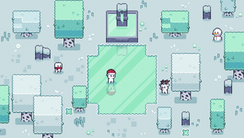 Pixel art winter scene with snow-covered trees, three characters, a snowman, and a central ice patch.