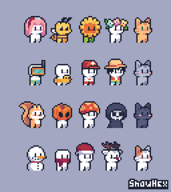 Grid of 20 pixel art characters with various costumes, including animals, flowers, hats, and masks on a purple background.