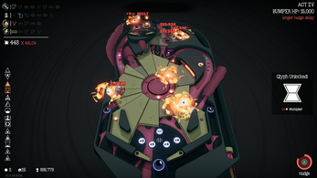 Pinball game screenshot with multiple bumpers, score and stats on the left, and glowing effects on the playfield.