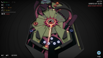 Stylized pinball game screenshot with glowing bumpers, a central laser beam, and game UI elements on the sides.