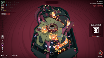 Pinball-style game board with glowing bumpers, ramps, and UI elements showing score, objectives, and unlocked glyphs.