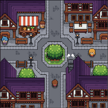 Pixel art town square with purple-roofed buildings, market stall, benches, street lamps, trees, and four characters walking.