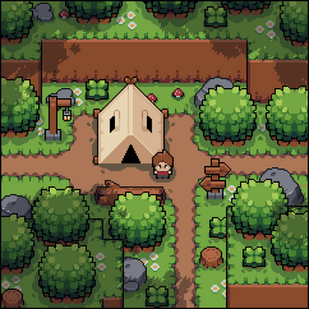 Pixel art game scene with a tent, a character, trees, a well, signposts, rocks, and grassy paths in a forest clearing.