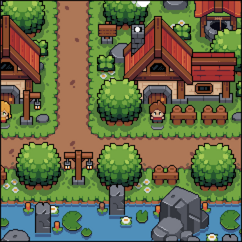 Pixel art village scene with houses, trees, a dirt path, lamp posts, and a pond with lily pads and rocks.