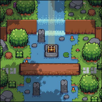 Pixel art game scene with a treasure chest on a stone platform in a river, surrounded by trees, rocks, and a wooden bridge.