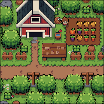 Pixel art farm scene with a red barn, a character with a hoe, vegetable garden, wooden sign, and trees along a dirt path.