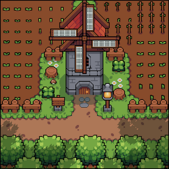 Pixel art windmill with red roof, surrounded by fenced crops, bushes, tree stumps, and a lamppost on a dirt path.