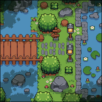 Pixel art scene of a wooden bridge over water, grassy path with stone tiles, trees, rocks, lamps, and lily pads.