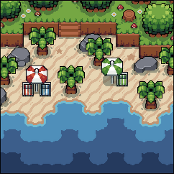Pixel art beach scene with palm trees, striped umbrellas, lounge chairs, rocks, and grassy area with flowers and mushrooms.
