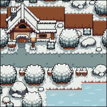 Pixel art scene of a snow-covered house with a chimney, trees, a frozen pond, and a snowy path in winter.