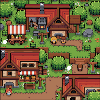Pixel art village scene with red-roofed houses, market stalls, trees, and three small characters walking on paths.