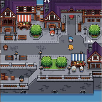 Pixel art town scene with market stalls, benches, trees, lamp posts, and several characters walking on cobblestone streets near water.