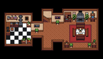 Pixel art top-down view of a cozy house interior with a kitchen, dining area, fireplace, bookshelves, and plants.