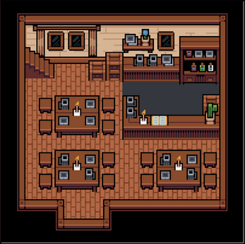 Pixel art inn interior with wooden tables, chairs, candles, a bar counter, shelves, and a staircase.