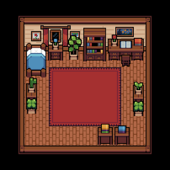 Pixel art bedroom with a bed, bookshelf, desk, red rug, potted plants, and wall decorations.