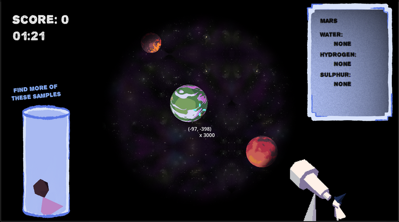 a small wizard character looks through a telescope to see planets in space. a test tube full of coloured shapes is beside them a small wizard character looks through a telescope to see planets in space. a test tube full of coloured shapes is beside them