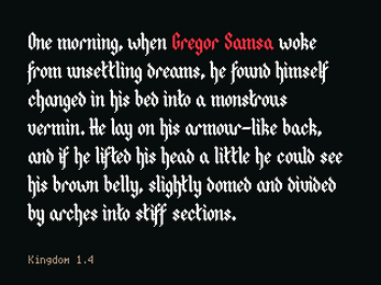 White gothic text excerpt from 'The Metamorphosis' with 'Gregor Samsa' in red, on a black background, Kingdom 1.4 in corner.