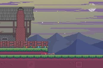 Pixel art game scene with a house, wooden fence, grassy platform, and mountains under a night sky with a moon.