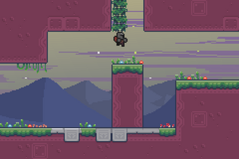 Pixel art game screenshot with a character hanging from vines above a gap, grassy platforms, and mountains in the background.