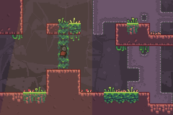 Pixel art game screenshot of a cave platformer with a character climbing a green vine between rocky ledges.