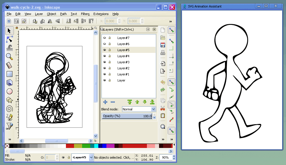 SVG Animation Assistant interface showing Inkscape and a walk cycle animation