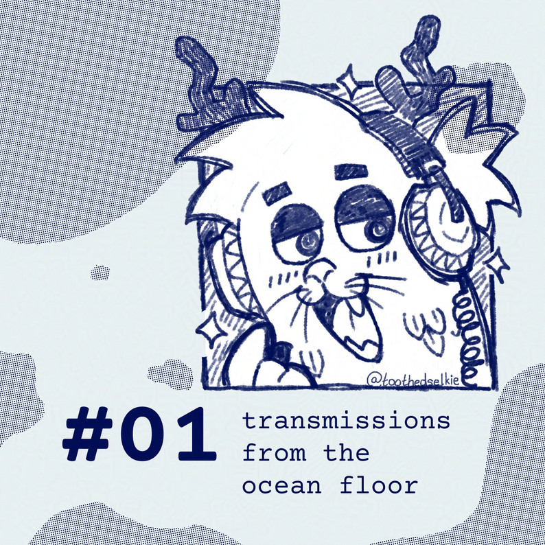 Ballpoint ink sketch of Selkie's sona, which is a seal with antlers and their hair up in a ponytail. They have their mouth open as if to say something. They are wearing a set of headphones. The text says #01: transmissions from the ocean floor.
