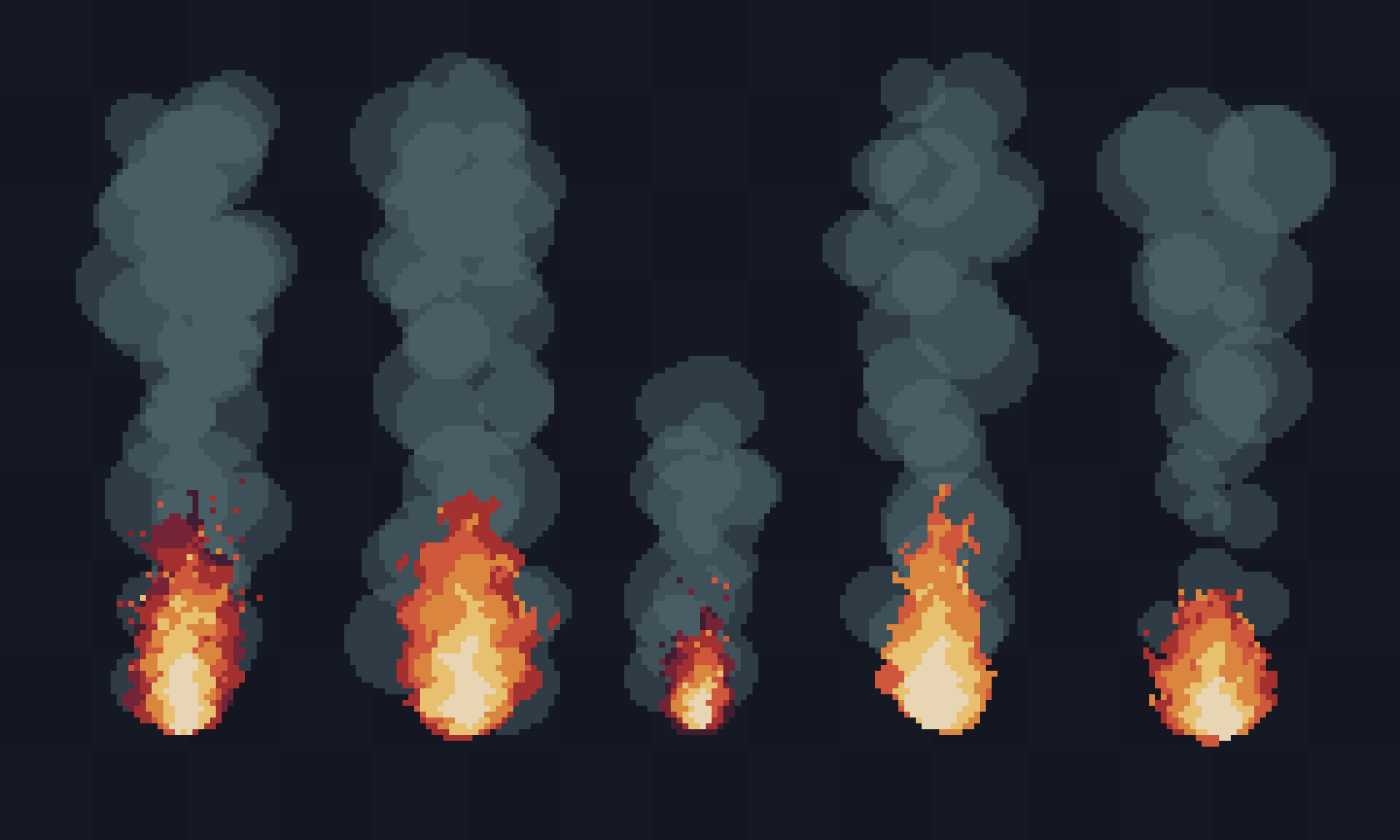 Five pixel art fire and smoke sprites on a dark background, each with orange flames and gray smoke clouds.