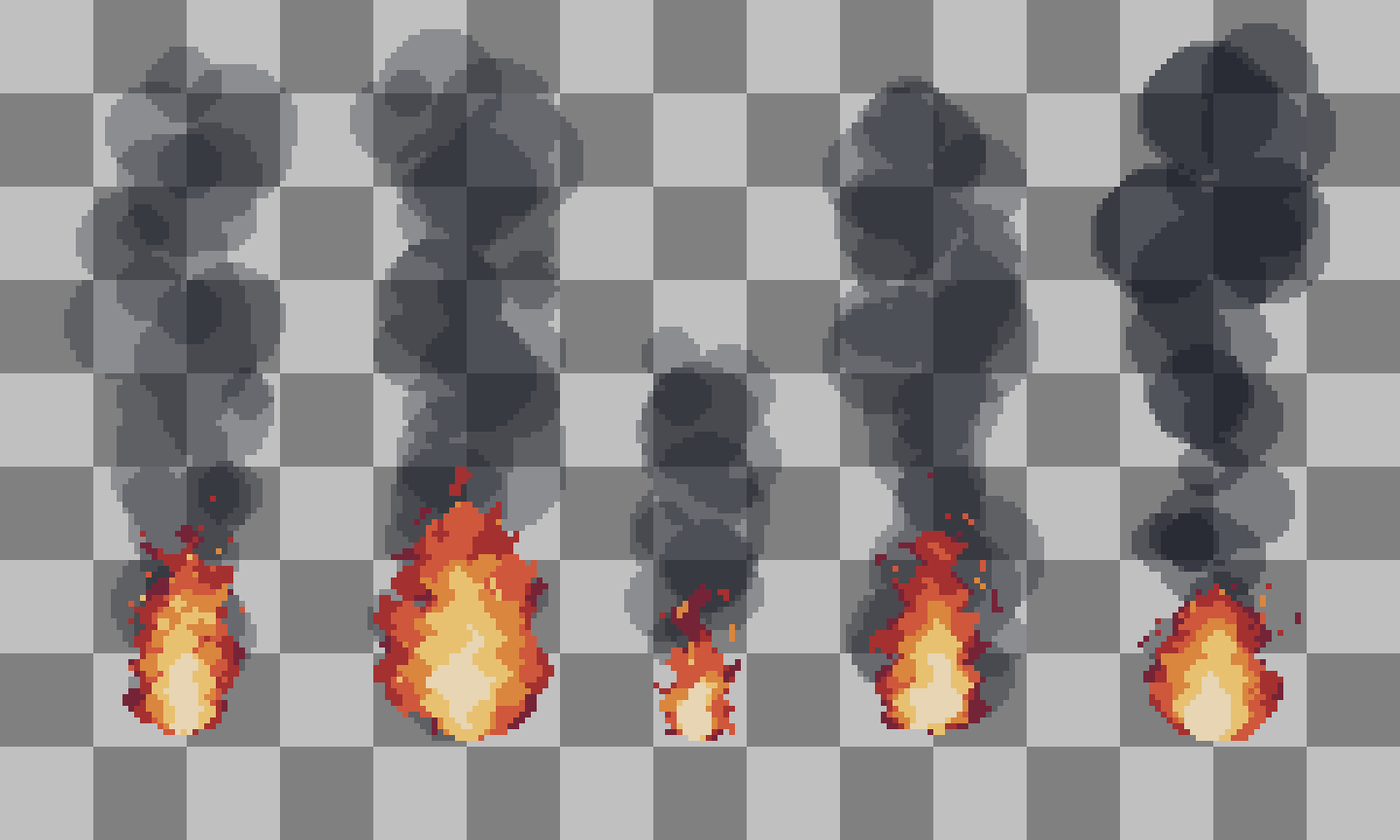 Pixel art fire and smoke sprites in five stages on a gray checkerboard background, for game asset use.